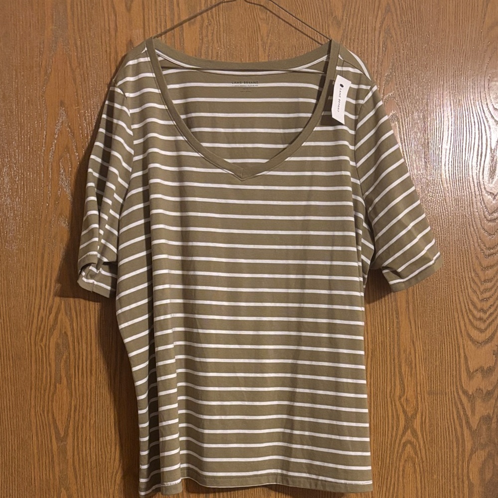 Lane Bryant  Olive and White Striped V-Neck Tee NWT 22/24